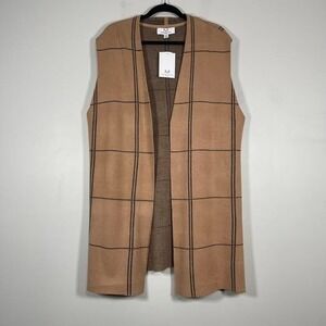Magaschoni Long Sleeveless Sweater Vest Womens 1X Camel Black Windowpane Plaid‎